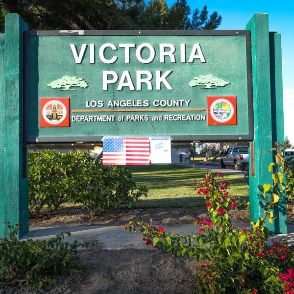 Victoria Park sign in front
