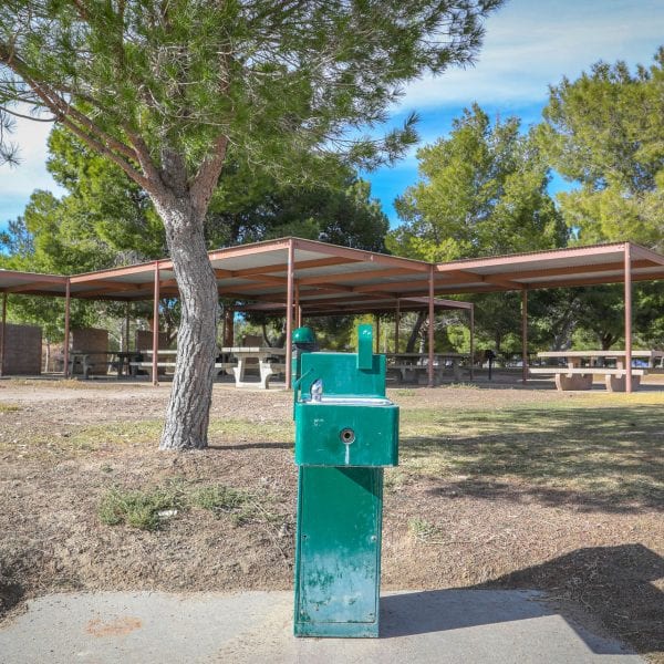 Water fountain, tree and awnings covering picnic tables