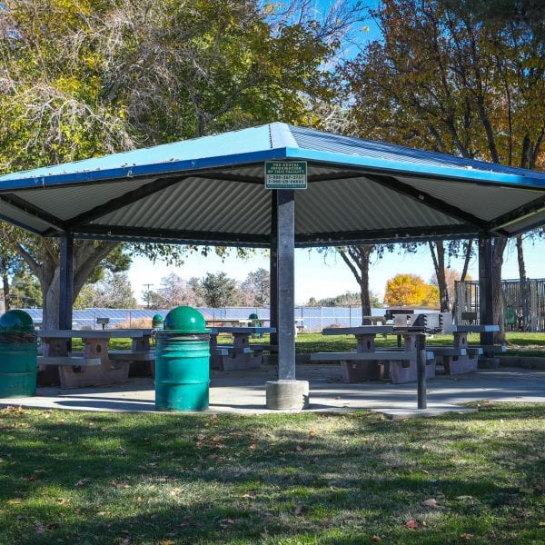 Picnic tables covered by an awning