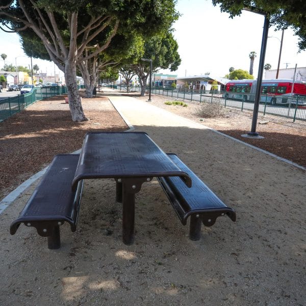Picnic table next to bench