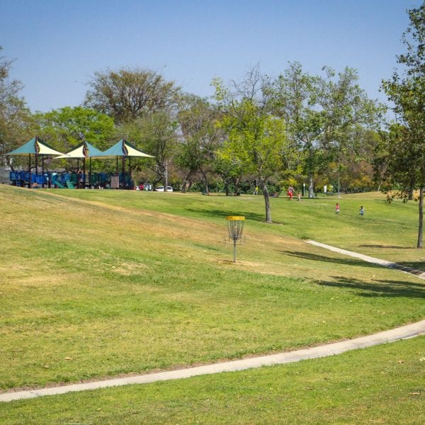 Grassy park with path and playground