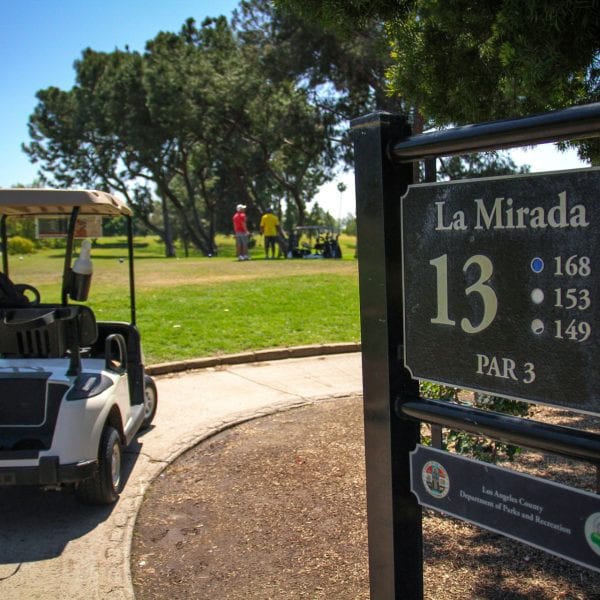 Golf cart passing by an informational sign