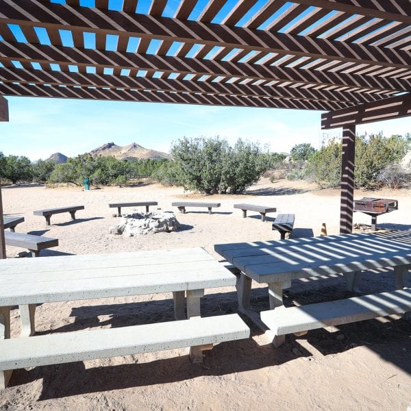 Picnic tables under an awning